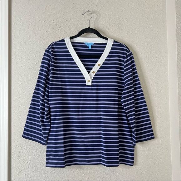 Draper James V-Neck Puff Sleeve Shirt in Nassau Navy Mariner Stripe Size XL - Picture 3 of 7